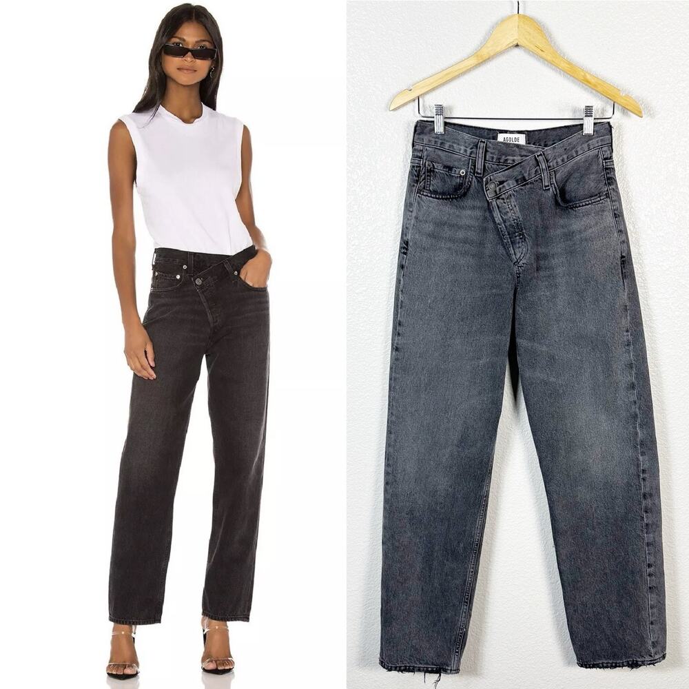 AGOLDE Womens Criss Cross Waist Straight Leg Jeans in Savage Grey Wash Size 24